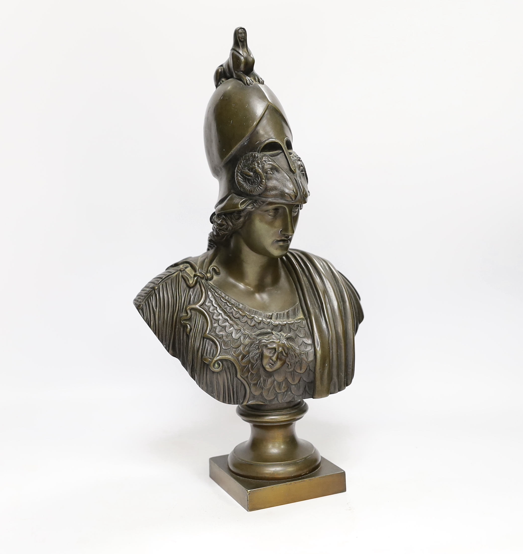 After the Antique, a bronze bust of Minerva, 39cm high